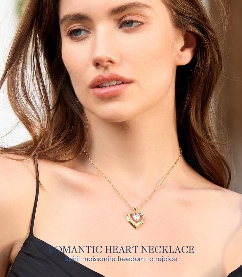 2-3 Ct Moissanite Double Heart Pendant Necklaces for Wife, 18K Gold Plated S925 Silver Jewelry for Women Girlfriend Mom Her on Anniversary Birthday