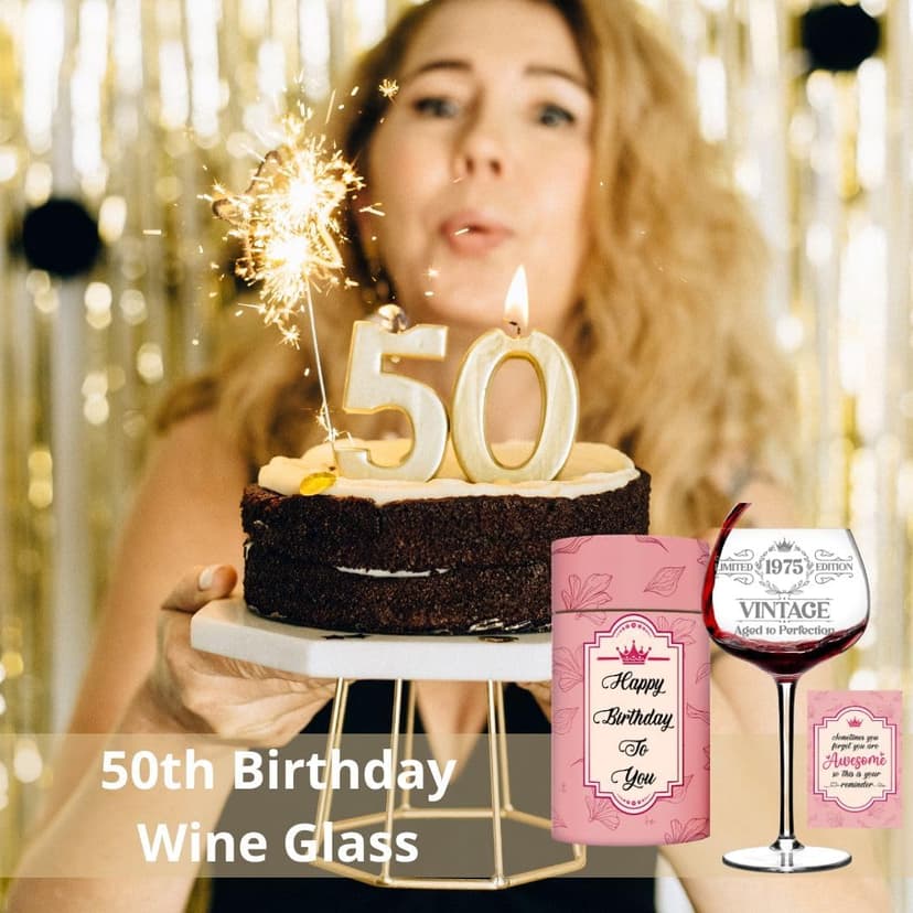 Vintage 1975 Engraved Wine Glass - 50th Birthday Gifts For Her - Cool Gifts For 50 Year Old Woman - 1975 Birthday Present - Fifty Women Gift Ideas - Turning 50 Cup for Wife, Sister, Daughter, Ladies