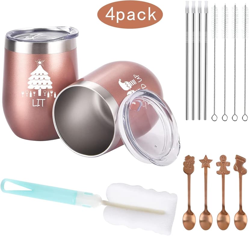 Qtencas Christmas Funny Wine Tumbler Set, 12 Oz Stainless Steel Wine Tumbler with Spoon for Women Friends Sisters Men, Gift Idea for Christmas Xmas Wedding Party, 4 Pack, Rose Gold