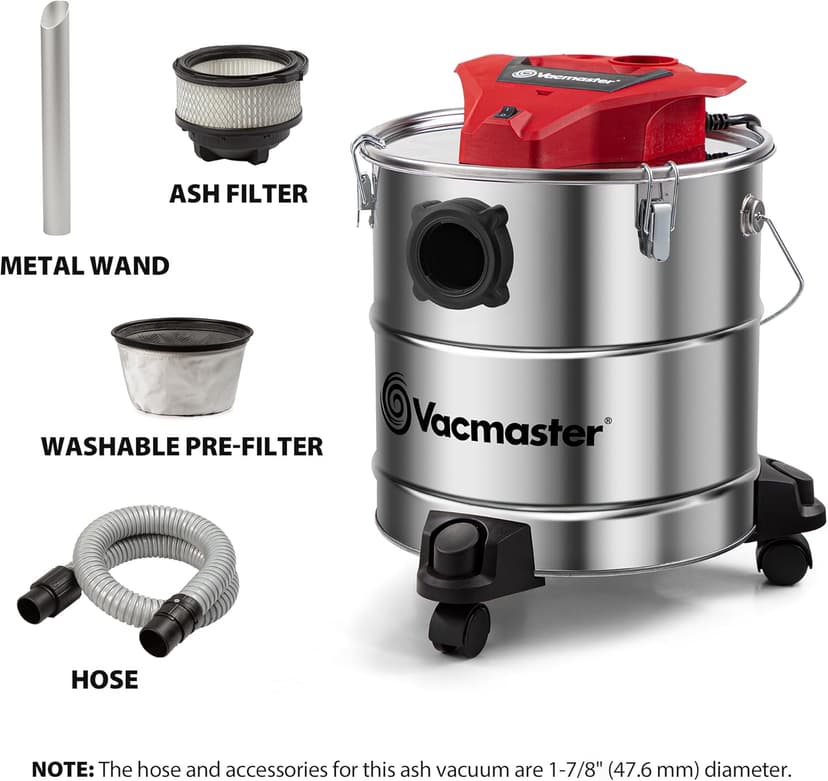 Vacmaster Vac EAV508S 1102 5-Gallon 3.5 Peak HP Premium Stainless Steel Ash Vacuum, Red Edition