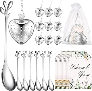 25 Sets Bridal Shower Tea Party Favor for Guest Leaf Tea Spoon Heart Shape Infuser Ball for Loose with Thank You Card Organza Bag Wedding Souvenir Gift(Silver)