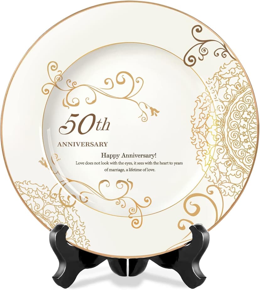 50th Anniversary Wedding Gifts for Couple/Parents/Grandparents, 50th Golden Presents for Marriage, Gold Porcelain Keepsake Plate with Stand, 10 inch