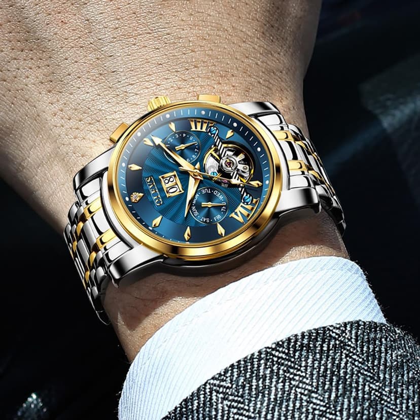 OLEVS Men Automatic Watch Stainless Steel Skeleton Mechanical Date Calendar Luxury Classic Business Waterproof Luminous Wrist Watches