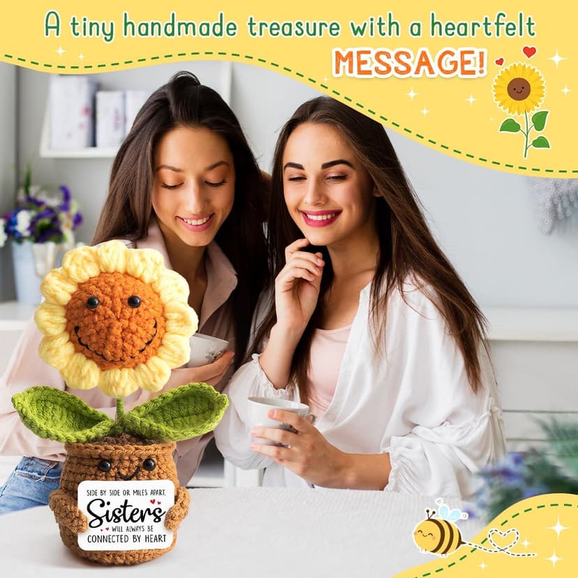 Sister Gifts from Sister - Positive Sunflower Crochet - Side by Side Or Miles Apart Sisters Emotional Sunflower Support Crochet - Birthday, Graduation, Long Distance Gifts for Women, Soul Sisters