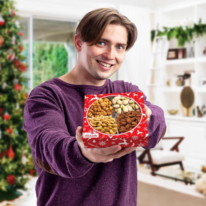 Christmas Nuts Gift Basket for Holiday Season, Premium Mixed Nut Assortment Gift Gourmet Snack Food Present Box, Christmas Gift Basket for Family (4 Sectional)
