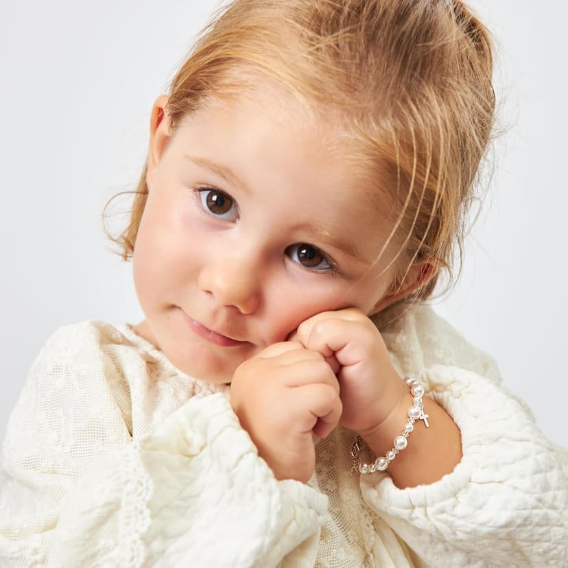 Baby Crystals Pearl Bracelets for Girls, Sterling Silver Cross Charm, Baptism Gifts for Girl, Baby Bracelet with Simulated White Pearls and Crystals, Girls Jewelry Birthday Gift