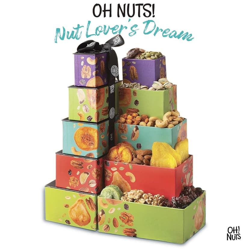 Oh! Nuts Dried Fruit and Nuts Gift Basket Tower with Black Ribbon Gift Basket, 5 Tier Gourmet Arrangement Platter, Healthy Kosher Snack Box for Birthday, Anniversary