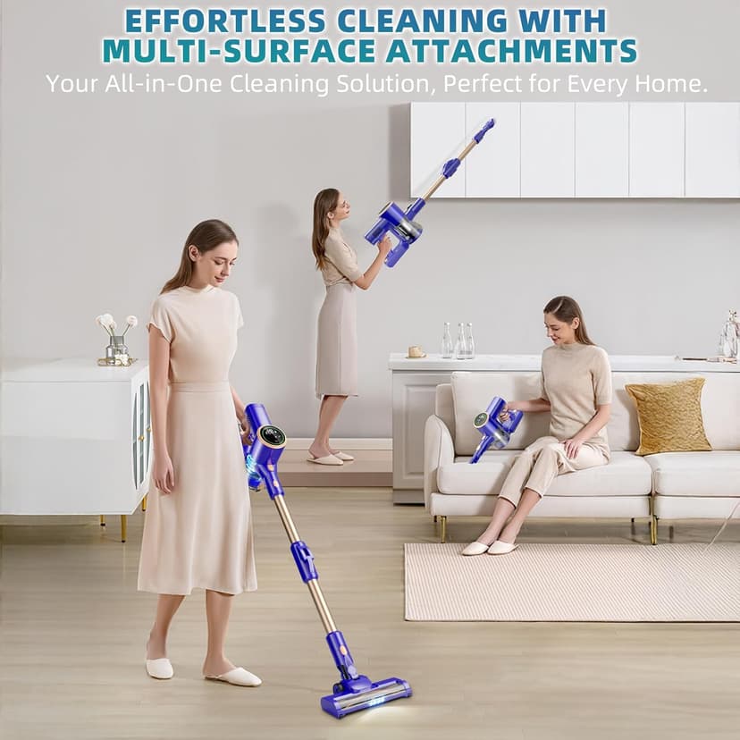 Cordless Vacuum Cleaner, 180° Bendable Wand Stick Vacuum Cleaners with LED Touch Screen, 8-in-1 Lightweight Rechargeable Vacuum with 1.5L Dust Cup for Home Hard Floor Low-Pile Carpet
