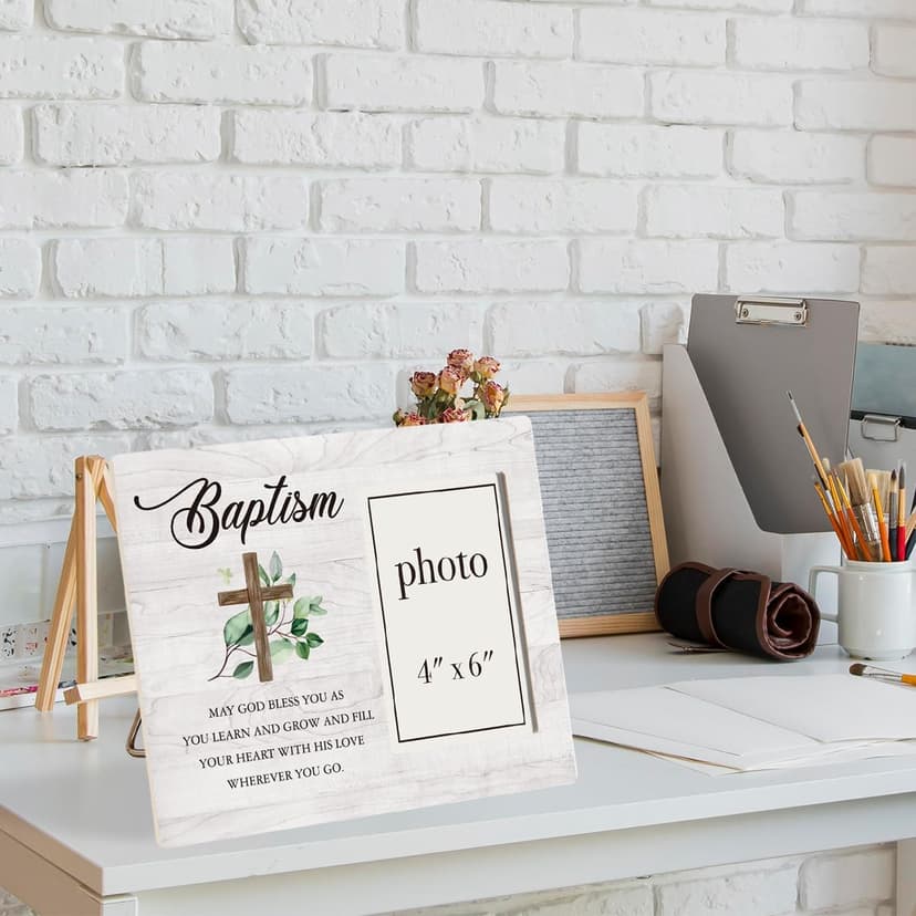 Baptism Picture Frame, Baptism Gifts for Boys, Christening Gifts for Girls, Catholic Baby Gift Wood Photo Frame, 4 x 6 Inch Photo