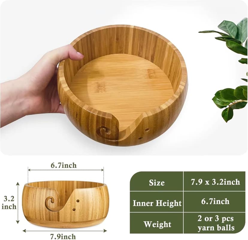 Wooden Yarn Bowl Holder, Craft Knitting Bowl with 8pcs Metal Crochet Hooks, 7.9''Large Yarn Holder Dispenser Yarn Storage Bowls, for Knitters & Crocheters (Bamboo 7.9 inch)