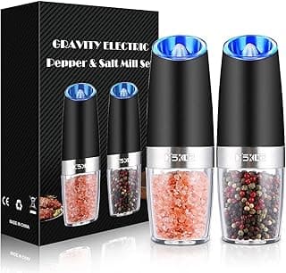 XinXu Gravity Electric Pepper and Salt Grinder Set, Adjustable Coarseness, Battery Powered with LED Light, One Hand Automatic Operation, 2 Pack/Black