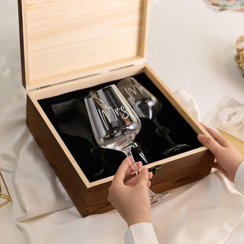 AW BRIDAL Wedding Gifts Bridal Shower Gifts Engagement Gift for Couples Newlyweds Mr & Mrs Wedding Wine Glasses Set of 2 - Wine Opener Wine Stopper with Engraved Wooden Keepsake Box