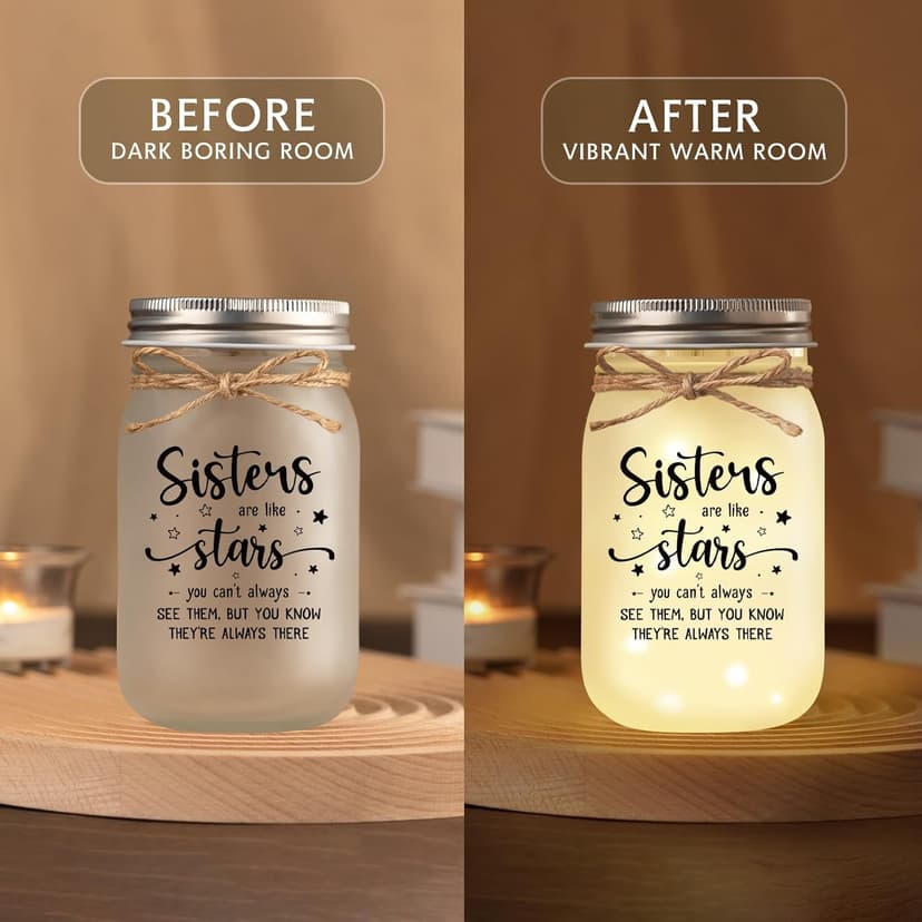 Mason Jar Night Light Gifts for Sister, Sister Birthday Gifts, Sisters Gift for Women, Soul Sister, Best Friend, Long Distance Night Light Gift for Mothers Day Christmas