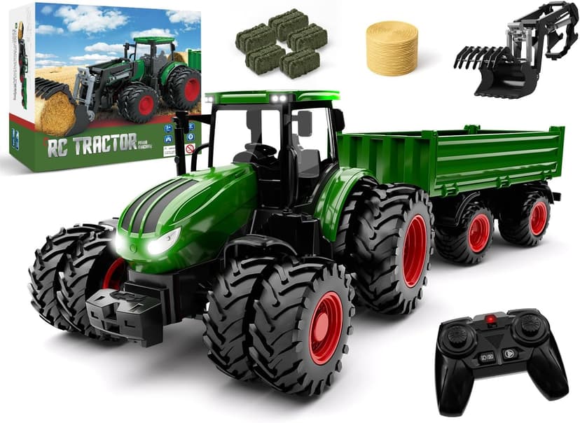 Remote Control Tractor Toy, Kids RC Tractor Set & Truck and Trailer Front Loader - Metal Car Head/8 Wheel/Light, Toddlers Farm Vehicle Toys for 3 4 5 6 7 8 9 Year Old Boys Girls Birthday Gift