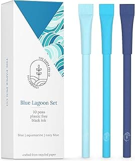 eco-friendly pen - crafted from 100% recycled paper, plastic-free, black Ink, pack of 10, Blue Lagoon set