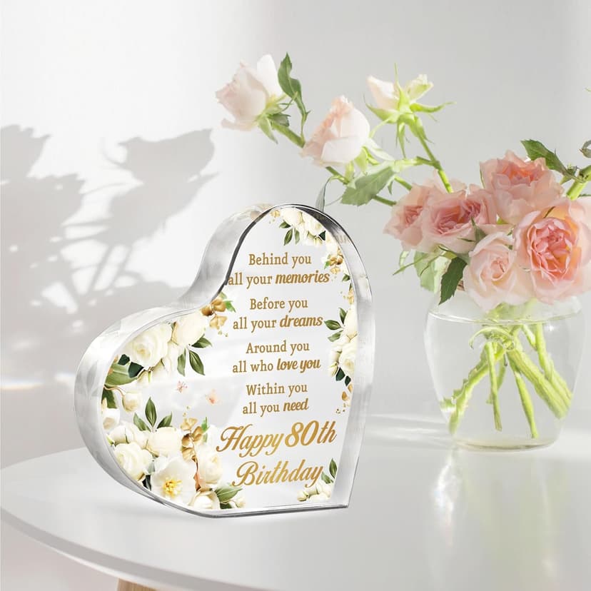 AceThrills 80th Birthday Gifts and Decorations for Women - Acrylic Paperweight 3.9 x 3.9 x 0.51 Inches - Happy Birthday Decor Party Favors