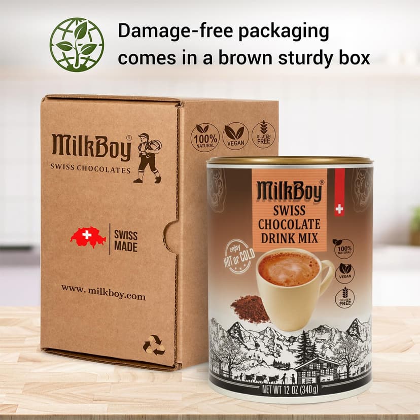 MilkBoy Dairy Free Hot Chocolate Mix - Gluten Free Swiss Cocoa Drink Powder, Vegan Hot Cocoa Mix, Gourmet Swiss Chocolate Drink, Kosher, Rainforest Alliance Certified - 12 oz Can