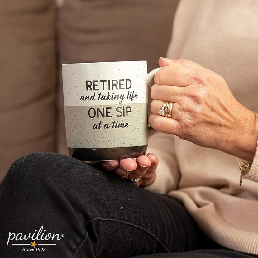 Pavilion Retirement Coffee Mug - "Retired & Taking Life One Sip at a Time" Text Design - Speckled Stoneware Coffee Cup for Retirees, Microwave & Dishwasher Safe, Beige w/ Bronze Metallic Bottom, 15 oz