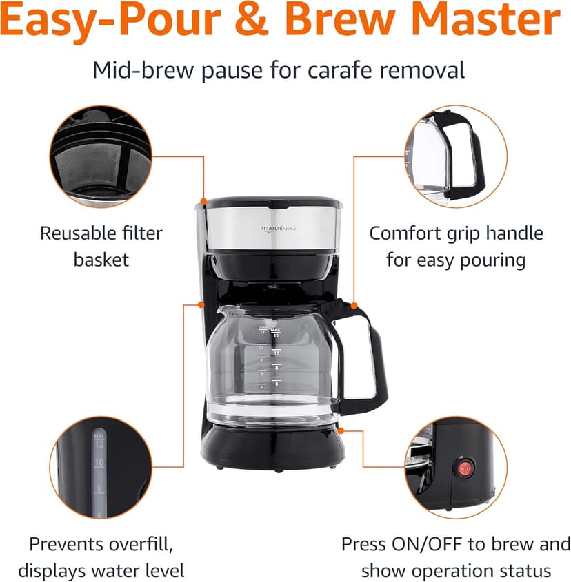 Amazon Basics Coffee Makers, 12-Cup Coffee Machines with Reusable Filter, Coffee Pots, Black & Stainless Steel