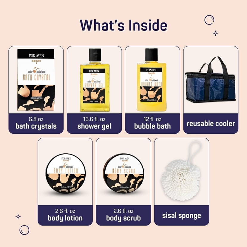 SpaLife Men's Sandalwood Luxury Spa Skincare Set - Complete Care Kit for Rugged Revitalization, Exfoliating Scrub - Bath and Body Collection for Cleansing, Moisturizing, and Rejuvenation