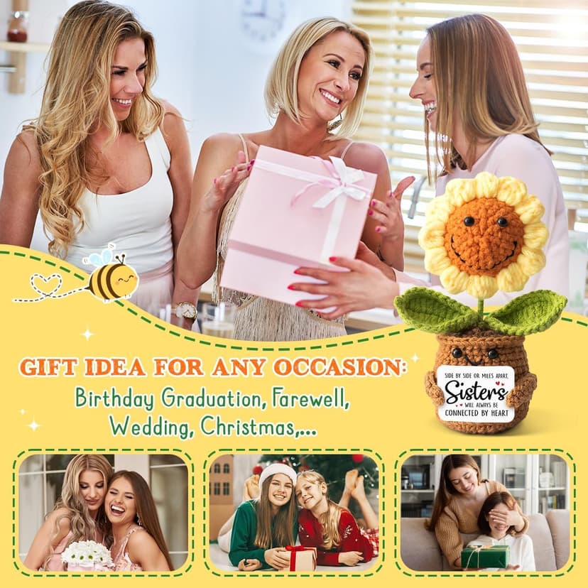 Sister Gifts from Sister - Positive Sunflower Crochet - Side by Side Or Miles Apart Sisters Emotional Sunflower Support Crochet - Birthday, Graduation, Long Distance Gifts for Women, Soul Sisters