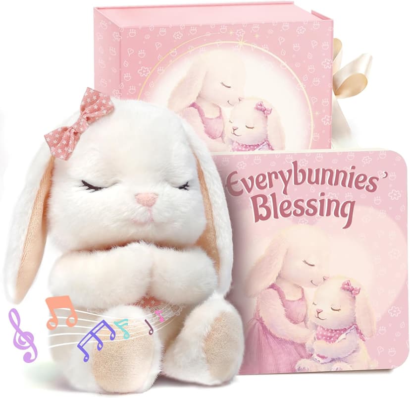 Baptism Gifts for Girl, Catholic Christening, Baby Dedication & Baptismal Gift Set for Baby Girls & Kids, with 9" Musical Praying Bunny Plush Toy & Everybunnies' Blessing Book in Keepsake Box