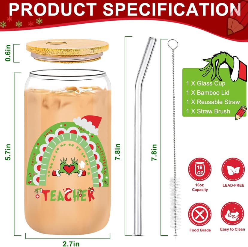 Teacher Christmas Gifts,16oz Funny Christmas Grin-ch Cups for Teachers,Teacher Appreciation Gifts,Thank You Gift End of The Year Teachers Gift for Women from Student