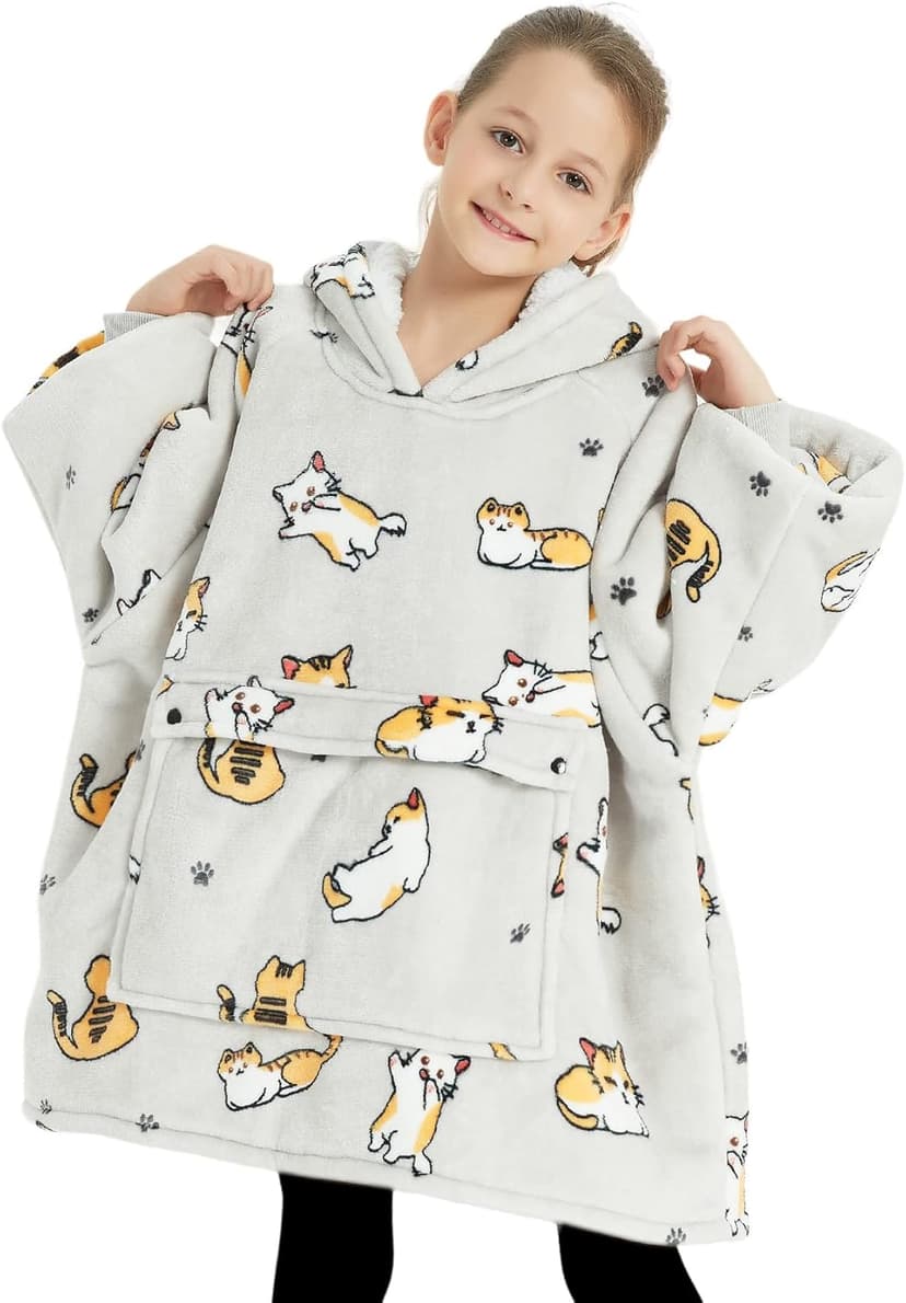 KFUBUO Wearable Blanket Hoodie for Kids Sherpa Patterns Oversized Sweatshirt Blanket With Pocket 6-10 Year Old Girl Boy Birthday Gifts Cat