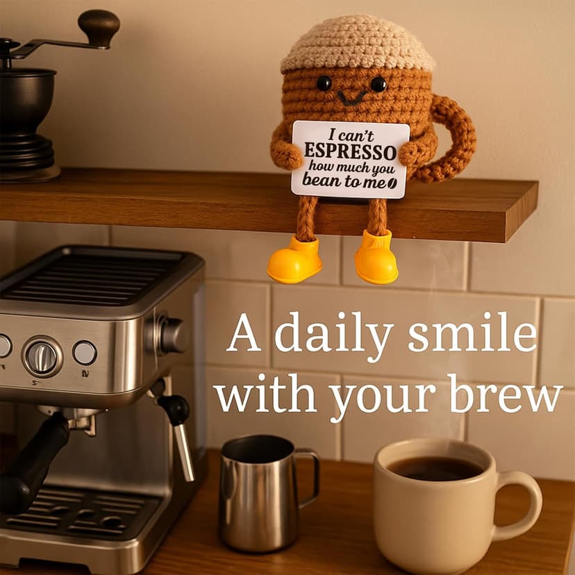 Birthday Gifts for Women Men Positive Crochet Coffee Cup Desk Decor–Cute Coffee Lover Gift for Best Friend Girlfriend Couple Wife Husband Anniversary Thank You