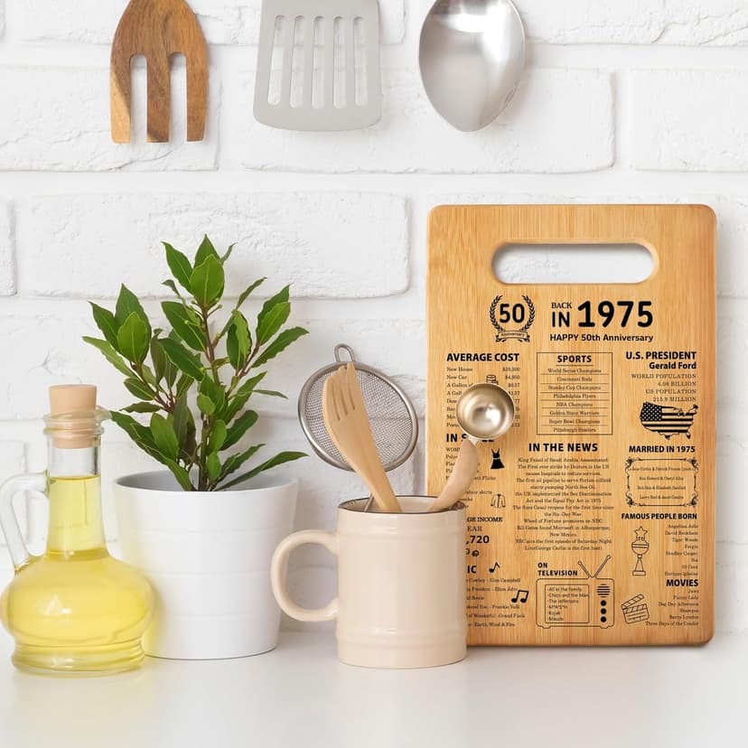 50th Wedding Anniversary Cutting Board Gifts for Women Men Marriage Gifts for Couple 1975 Poster Back In 1975 50th Anniversary Decorations 100% Organic Bamboo Pre Oiled 11"L x 7"W x 0.5"Th