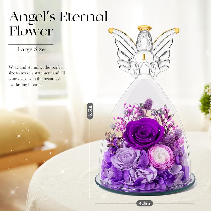RoseValley Angel Roses Gifts for Mom,Preserved Real Flowers Roses in Glass Angel Figurines,Christmas Birthday Gifts for Grandma Women Mom Wife Mother in Law/Purple