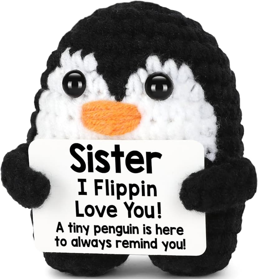 Christmas Birthday Gifts for Sister from Sisters, Handmade Crochet Penguin Sister Birthday Gift Ideas, Funny Sister Gifts for Women Girls, I Love You Sister Bestie Soul Sister Emotional Cute Decor