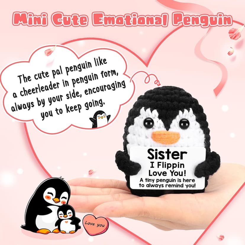 Christmas Birthday Gifts for Sister from Sisters, Handmade Crochet Penguin Sister Birthday Gift Ideas, Funny Sister Gifts for Women Girls, I Love You Sister Bestie Soul Sister Emotional Cute Decor