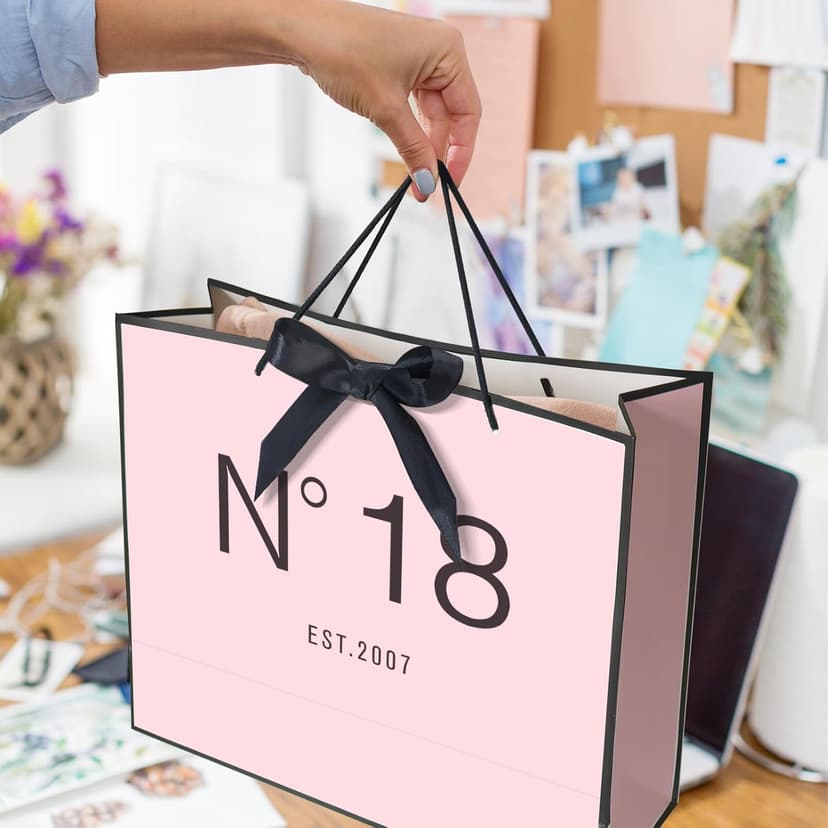 18th Birthday Gift Bag with Card Envelope Sticker Bow Ribbon and Tissue papers for Women Girls N°18 EST.2007 Design with Handles,for Celebrating 2007 18th Birthday Anniversary 13" (EST.2007 18th)