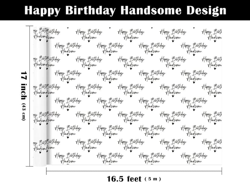 WRAPAHOLIC Birthday Wrapping Paper for Men - Mini Roll - 17 Inch x 16.5 Feet - Happy Birthday Handsome Design for Special Friend, Boyfriend, Husband