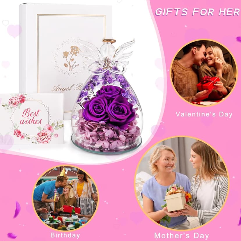 Beferr Birthday Gifts for Women Mom Fresh Flowers for Delivery Prime Forever Preserved Rose in Glass Angel Figurine for Grandma Sister Daughter Wife