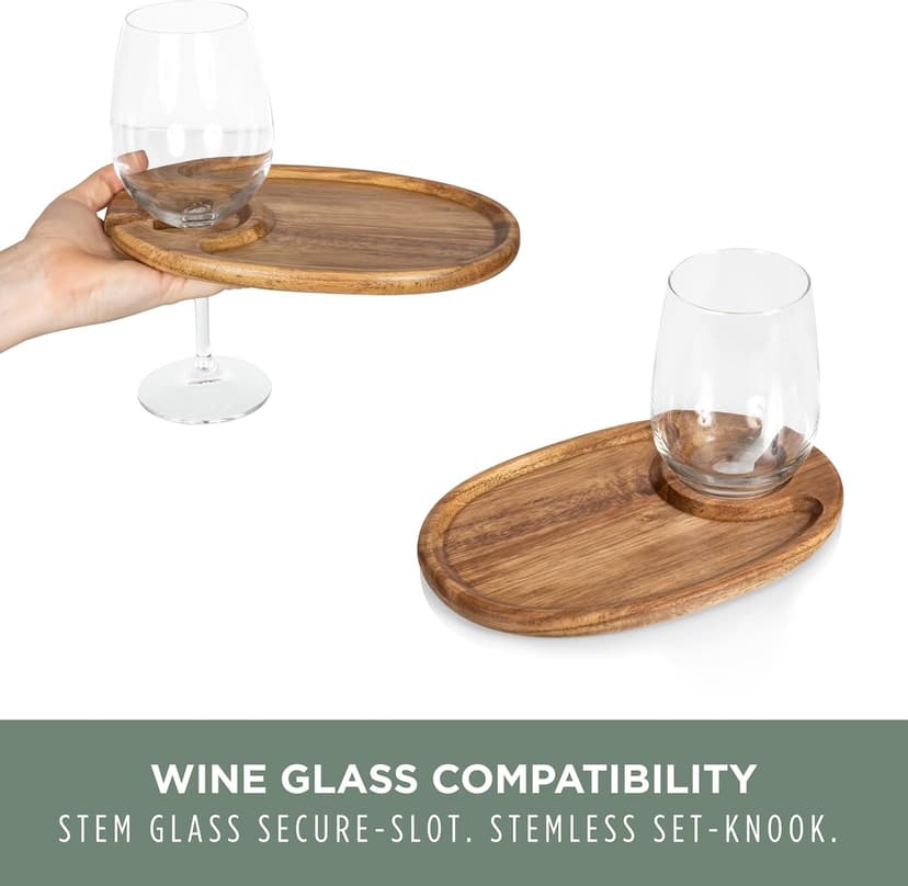 PICNIC TIME Wine Appetizer Plates, Set of 4 Wooden Cocktail Plates with Glass Holder, Mini Charcuterie Boards for Wine and Cheese Parties, Acacia Cheese Board Serving Trays (Oval - Acacia Wood)