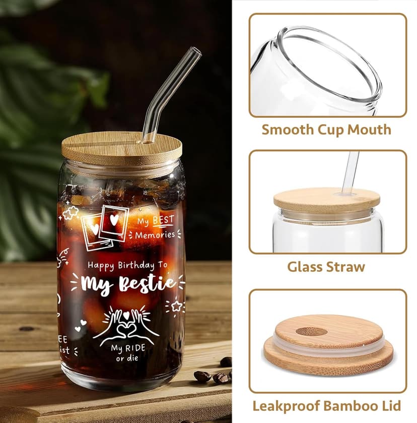 Best Friend Birthday Gifts for Women Friendship - Happy Birthday to My Bestie Glass Cups with Lids and Straws, Funny Presents for Bff Friends Coworkers Unique, Cute Iced Coffee Cup, 16 oz