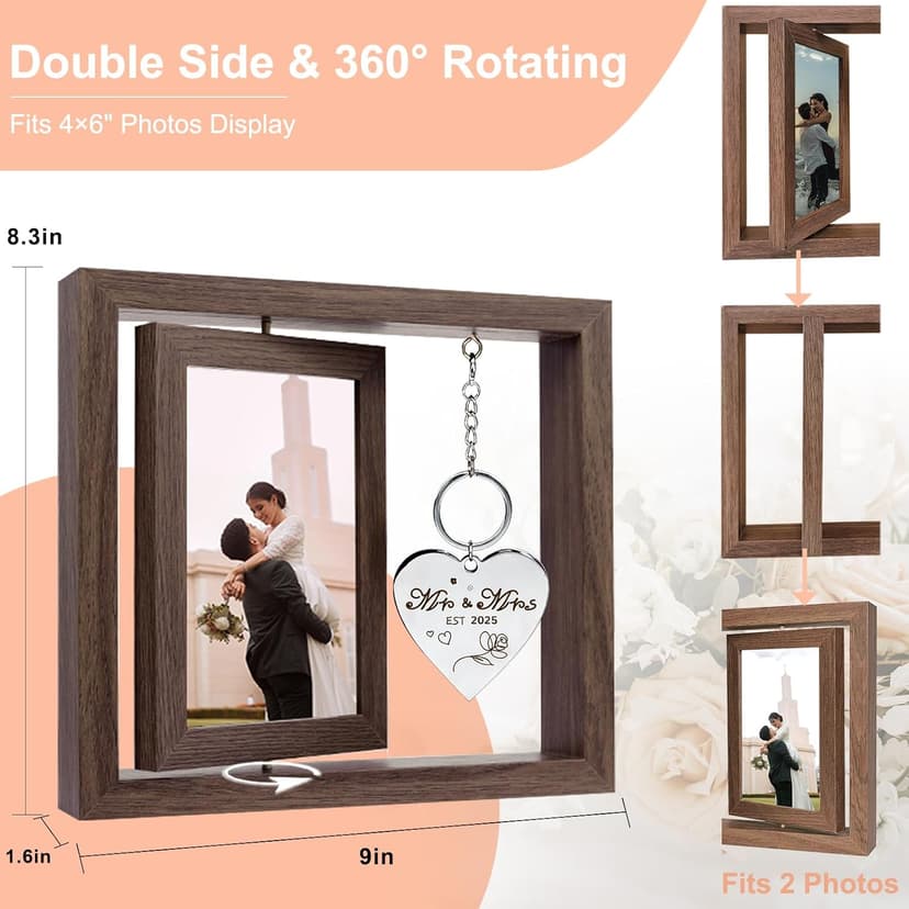 Wedding Gifts for Couples 2025,Rotating Floating Mr and Mrs Picture Frame,4x6 Rustic Picture Frame Engagement Gifts for Couples,Bridal Shower Gift for Bride to Be