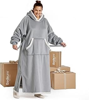 Bedsure Wearable Blanket Hoodie, Long Hooded Blanket Sweatshirt as Birthday Gifts for Women, Cozy Sherpa Hoodie for Adult, Standard, Grey