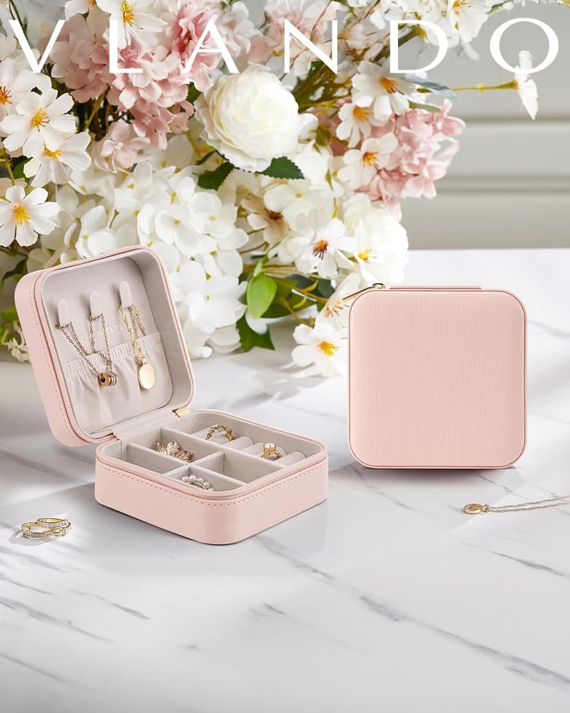 Vlando Travel Jewelry Case - Teacher Appreciation Gifts - Small Jewelry Travel Organizer Box Travel Essentials Christmas Gift for Women Girl - Pink