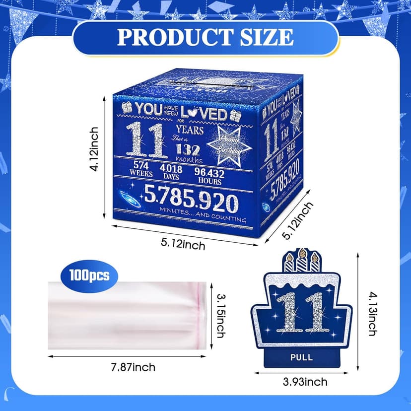 11 Happy Birthday Money Box for Cash Gift, 11th Birthday Decorations for Boys and Girls, Gifts for 11 Year Old Boy, Boy Gift Ideas, Cool Things for Teen -Blue with 100PCS Bags