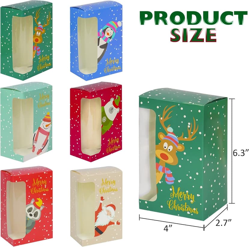 Uptotop Christmas Cookie Boxes, 24 Pcs Small Christmas Party Boxes with 6 Different Designs and Color, Xmas Bakery Pastry Boxes for Pastries, Cupcakes, Brownies, Donuts, 4" x 2.7" x 6.3"