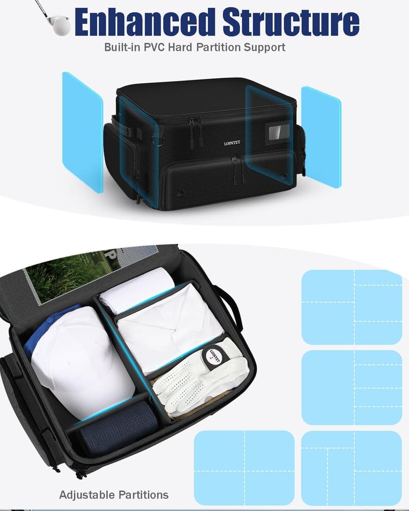 Golf Trunk Organizer, Waterproof Car Golf Locker with Separate Ventilated Compartment for 2 Pair Shoes, Golf Storage for Balls, Tees, Cap, Clothes, Gloves, Accessories, Gifts for Men, Women