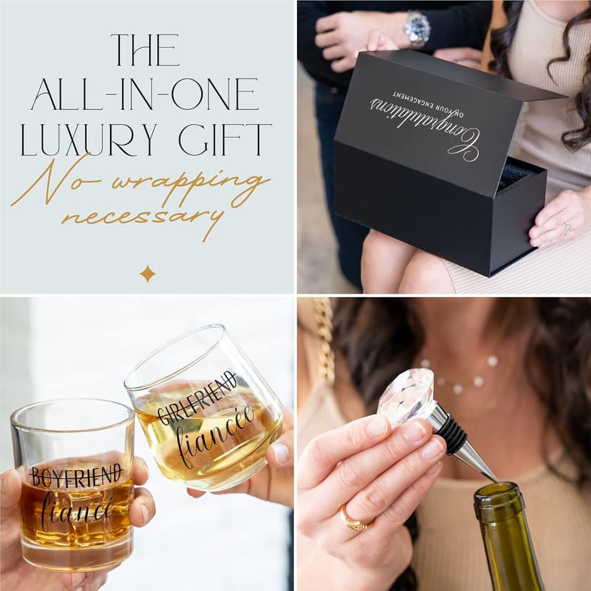Engagement Gifts for Couples - Unique Fiance Gift for Him or Her! Whiskey Wine Glasses with Diamond Wine Stopper