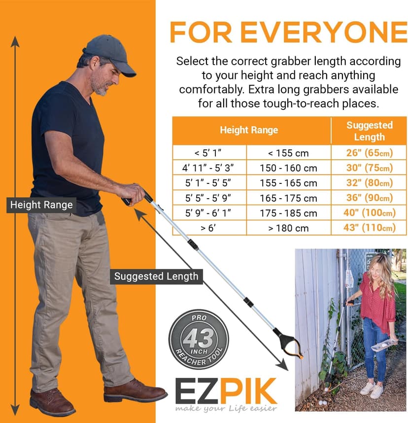 EZPIK Pro 43" Foldable Grabber Reacher Tool for Seniors - Grabbers for Elderly Reaching Tool Heavy Duty Pickup Trash Picker Upper Equipment - Claw Grabber Stick for Reaching Aids, Weed Gripper