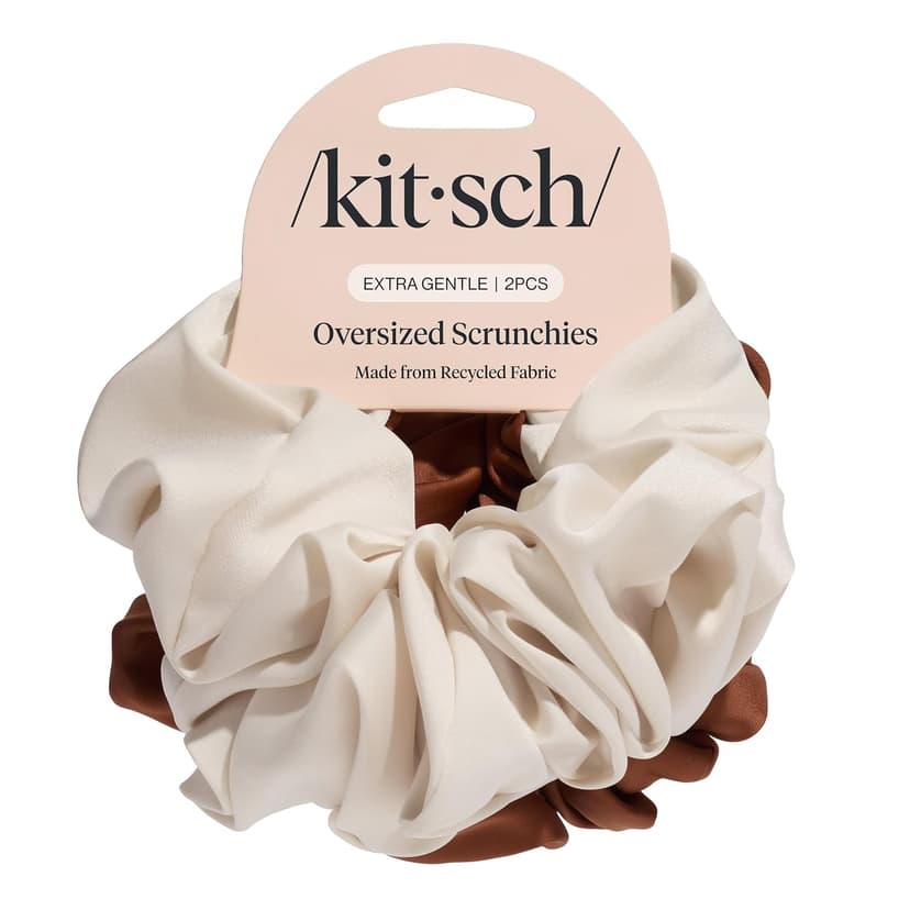 Kitsch Recycled Satin Oversized Scrunchies – Large Hair Scrunchies for Women, Eco-Friendly Hair Ties & Ponytail Holders | Ideal Gifts for Women - Camel & Cream, 2pc Set