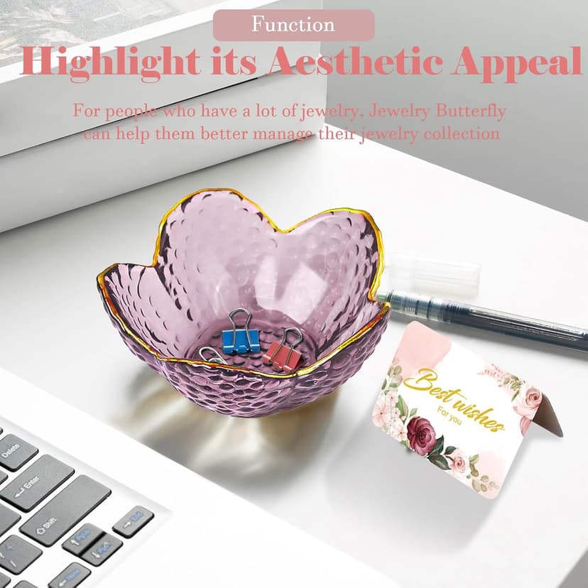 Purple Flower Jewelry Dish Glass Ring Dish Jewelry Tray Cute Vanity Organiser Room Decor Aesthetic Nightstand Bathroom Decor Trinket Dish Ring Holder Valentine's Friendship Birthday Gifts for Women