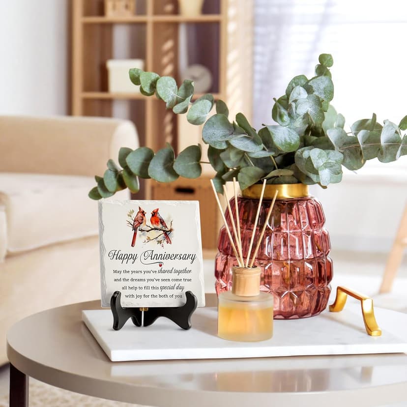 LukieJac Anniversary Couples Gifts - Cardinal Ceramic Plaque - Happy Anniversary Presents for Couples - Romantic Wedding Celebrate Keepsake Desk Decorations Christmas Gift