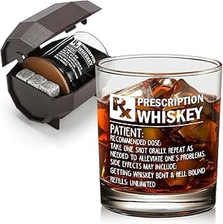 Prescription Whiskey Glass, Funny Rocks Glass & Bourbon Barrel Set for Brother Boyfriend Father Husband Coworker on Christmas & Birthday, White Elephant Cool Gag Gifts for Men